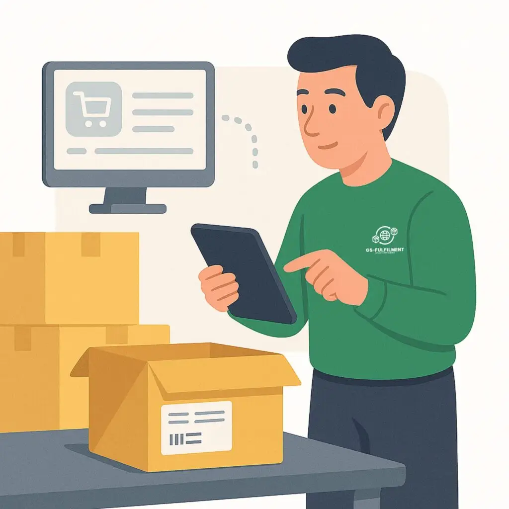 Webshopmedewerker verwerkt bestellingen met tablet in fulfilmentproces
