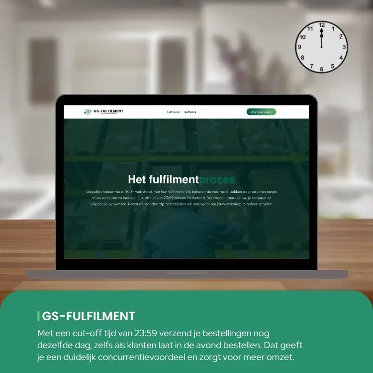 Klok op 23:59 verwerkt in een pakketdoos – late cut-off tijd bij fulfilment.
